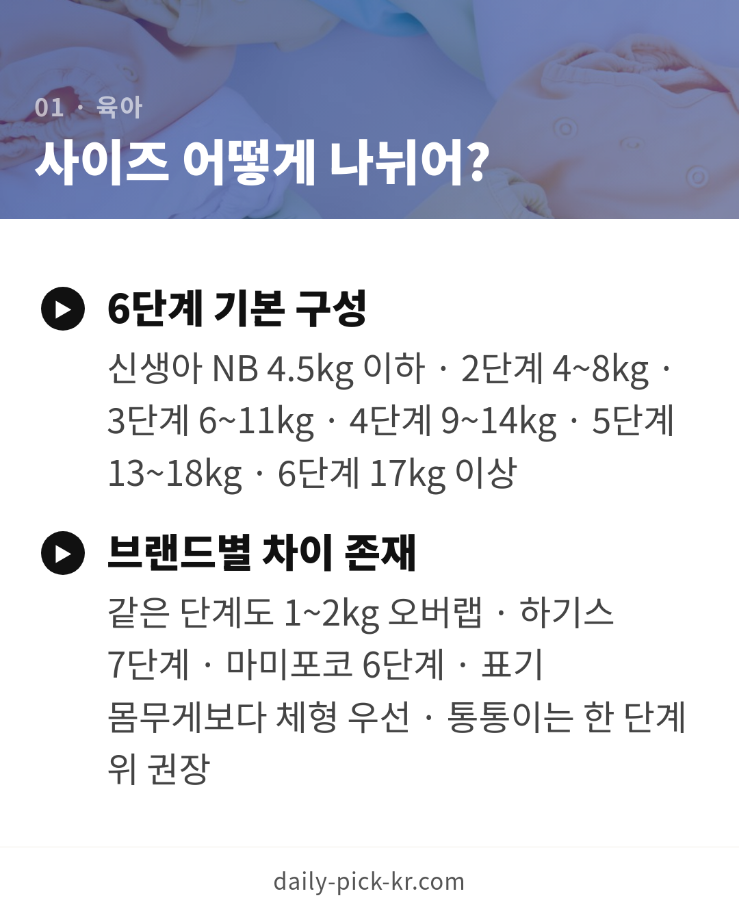 기저귀 사이즈 고르는 법과 브랜드 비교 카드뉴스 3페이지 - 첫 번째 본문