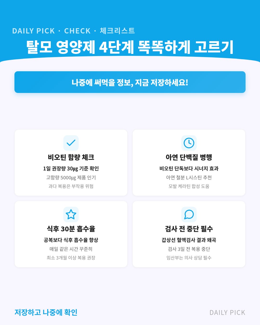 비오틴 효능과 탈모·모발 영양제 고르기 카드뉴스 2페이지 - 핵심 정보 요약