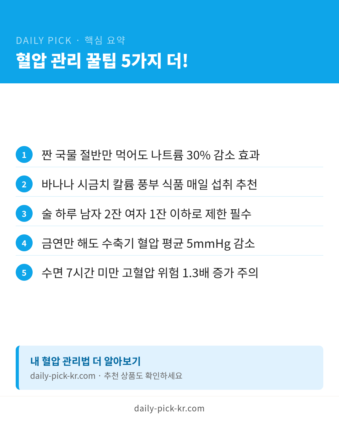 혈압 낮추는 법과 정상수치 카드뉴스 6페이지 - 핵심 요약 및 CTA