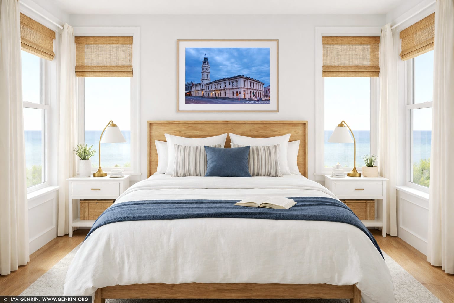 University of Ballarat at Twilight wall art in a bedroom interior