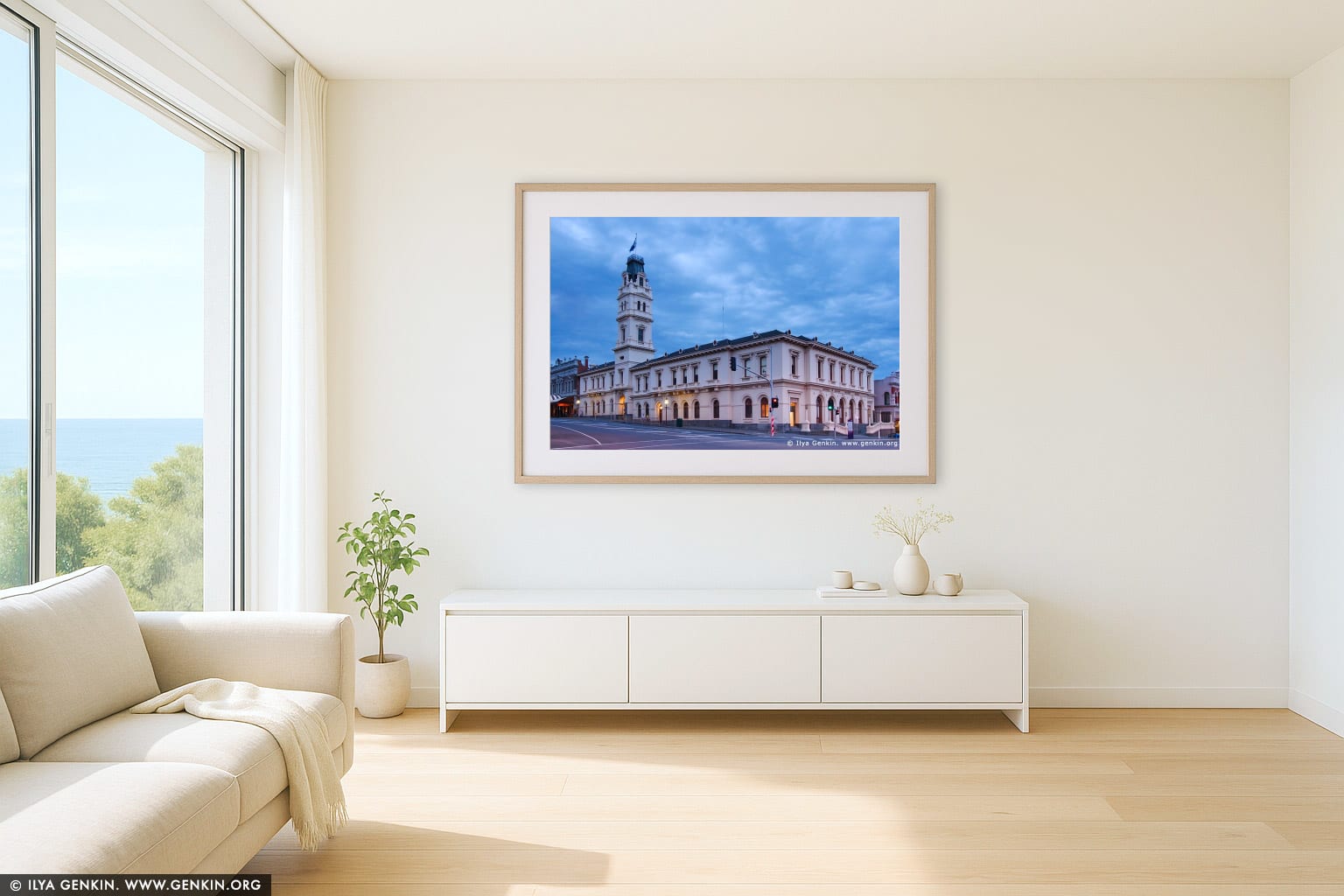 University of Ballarat at Twilight wall art in a contemporary living room interior