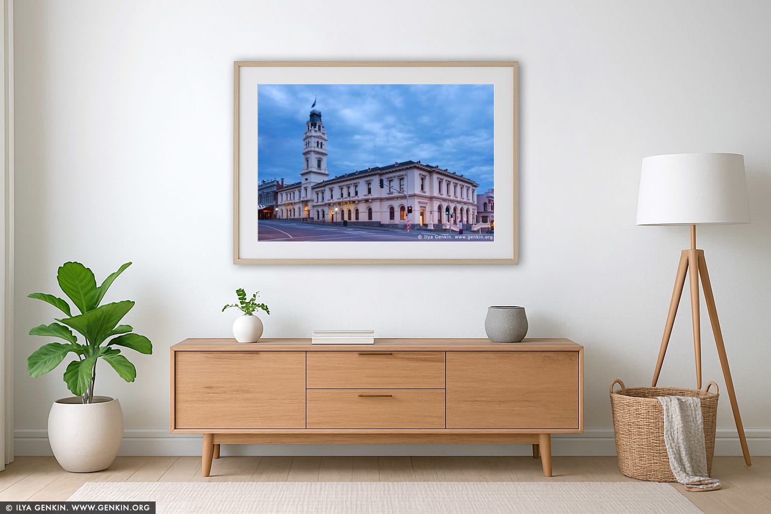 University of Ballarat at Twilight wall art in a minimalist living room interior