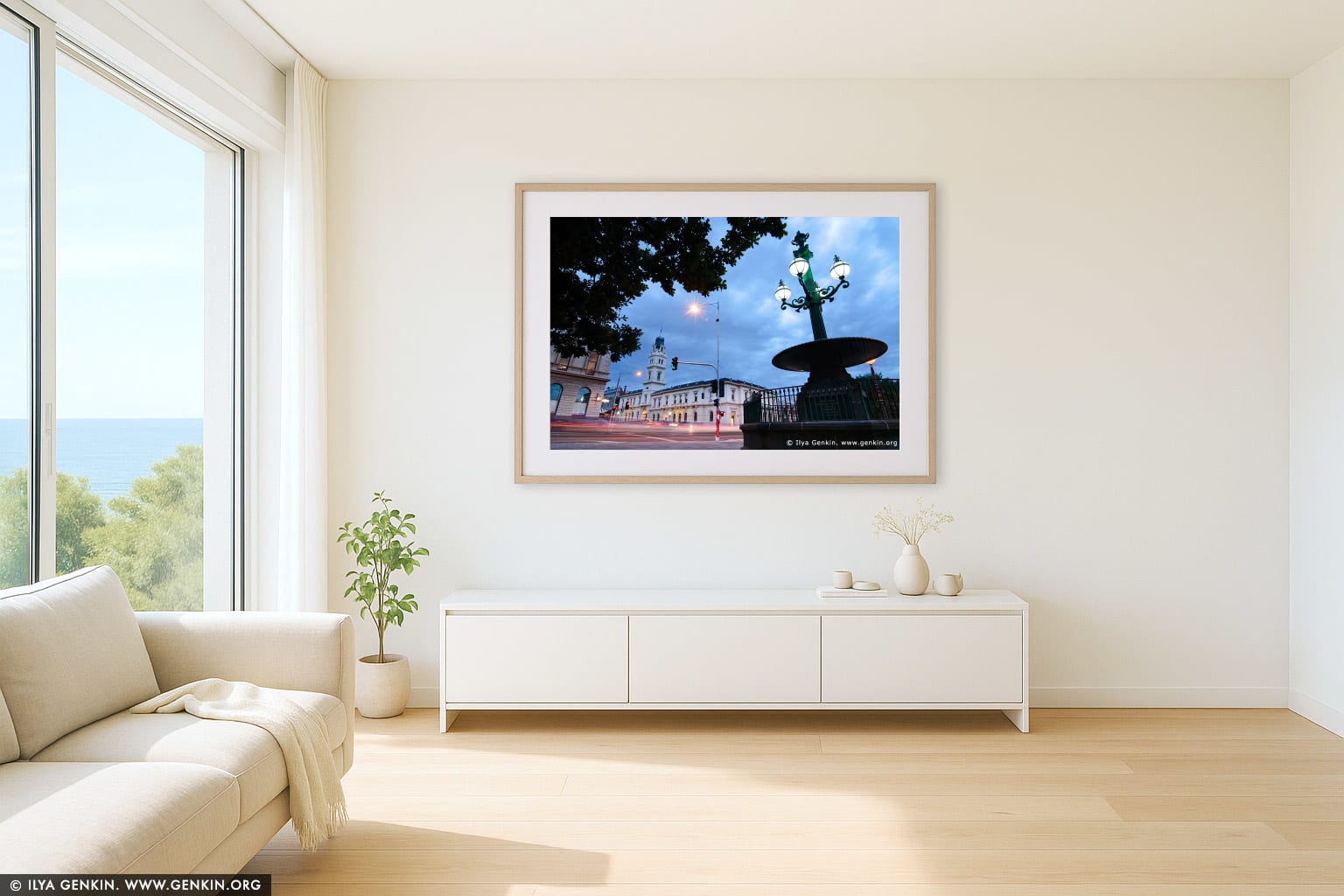 University of Ballarat and Burke and Wills Fountain at Twilight wall art in a minimalist living room interior