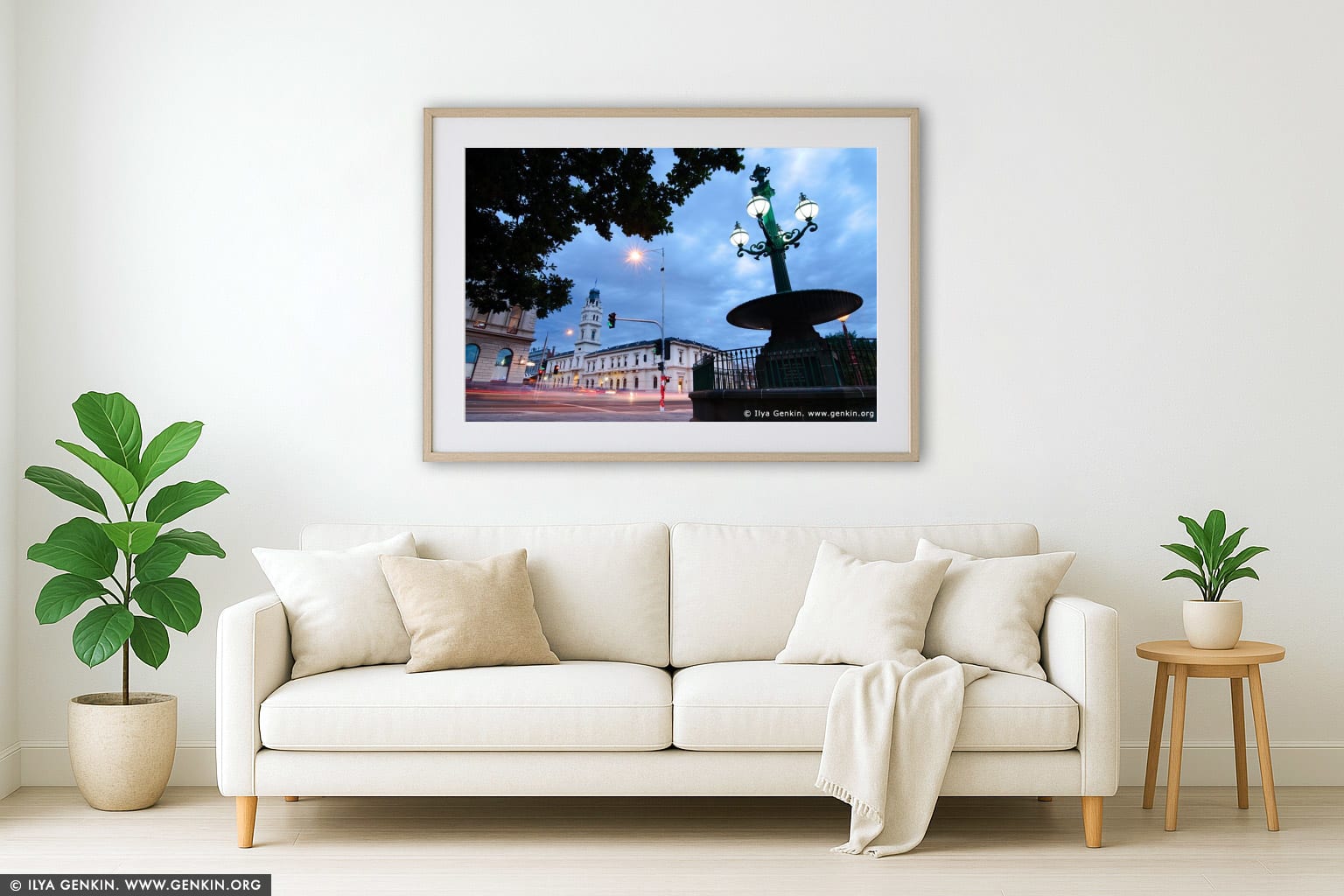 University of Ballarat and Burke and Wills Fountain at Twilight wall art in a contemporary living room interior