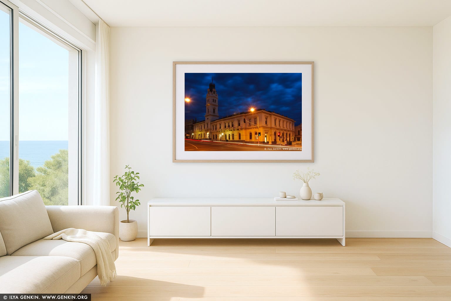 University of Ballarat at Night wall art in a luxury living room interior