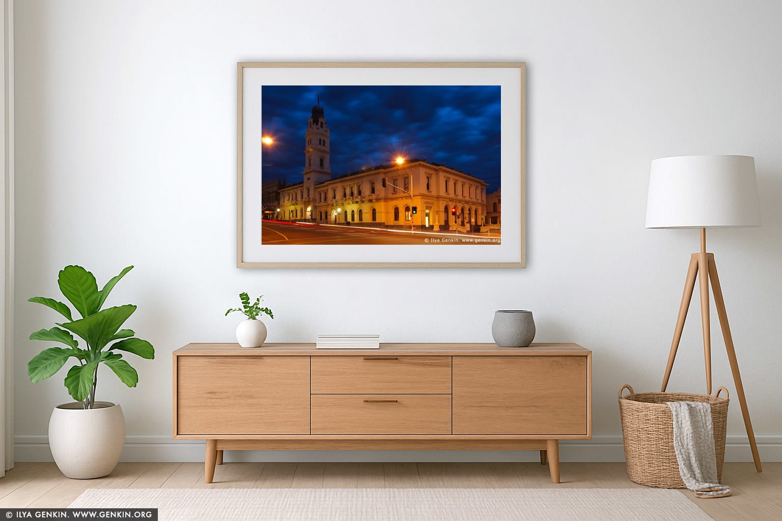 University of Ballarat at Night wall art in a modern living room interior