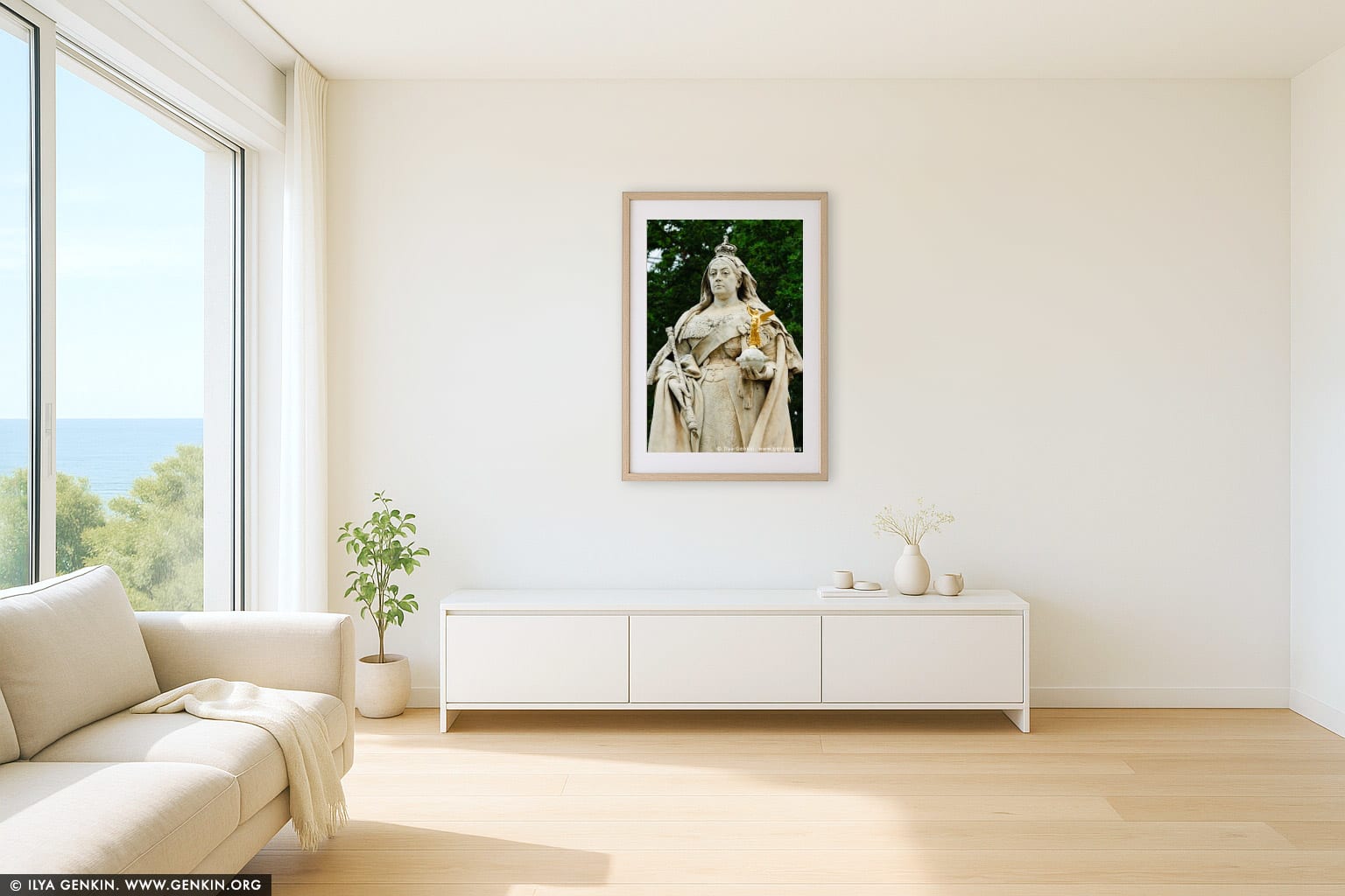 Queen Victoria Statue wall art in a contemporary living room interior