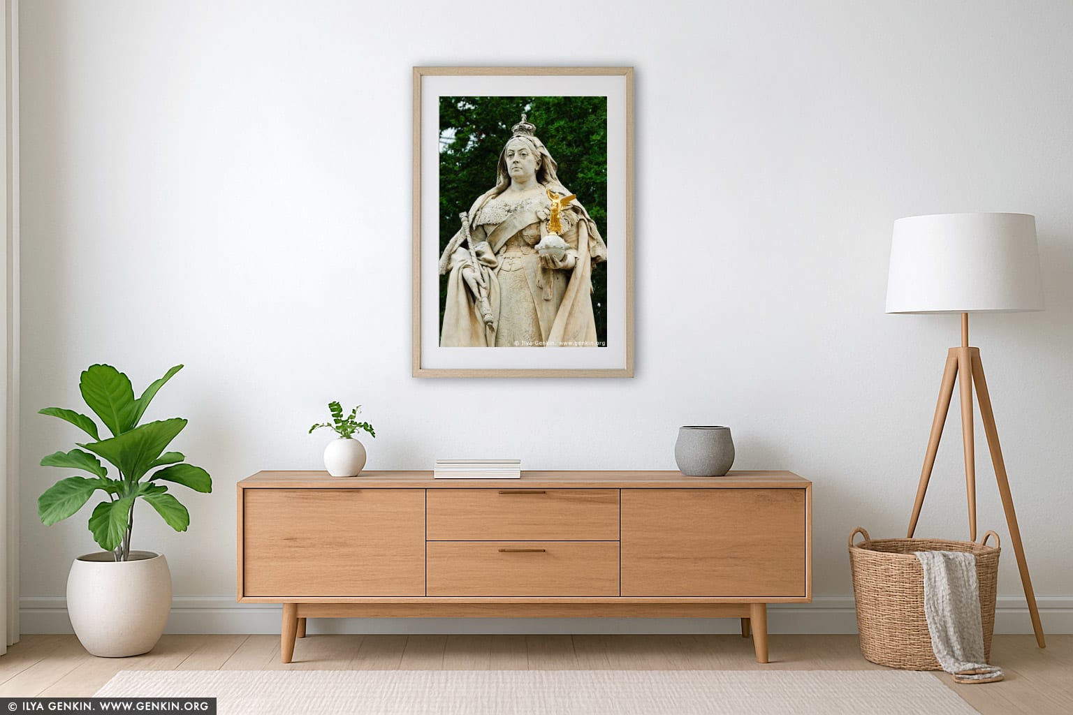 Queen Victoria Statue wall art in a minimalist living room interior