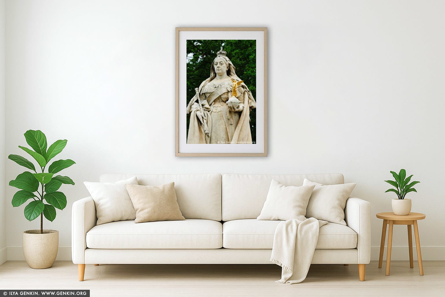 Queen Victoria Statue wall art in a modern living room interior