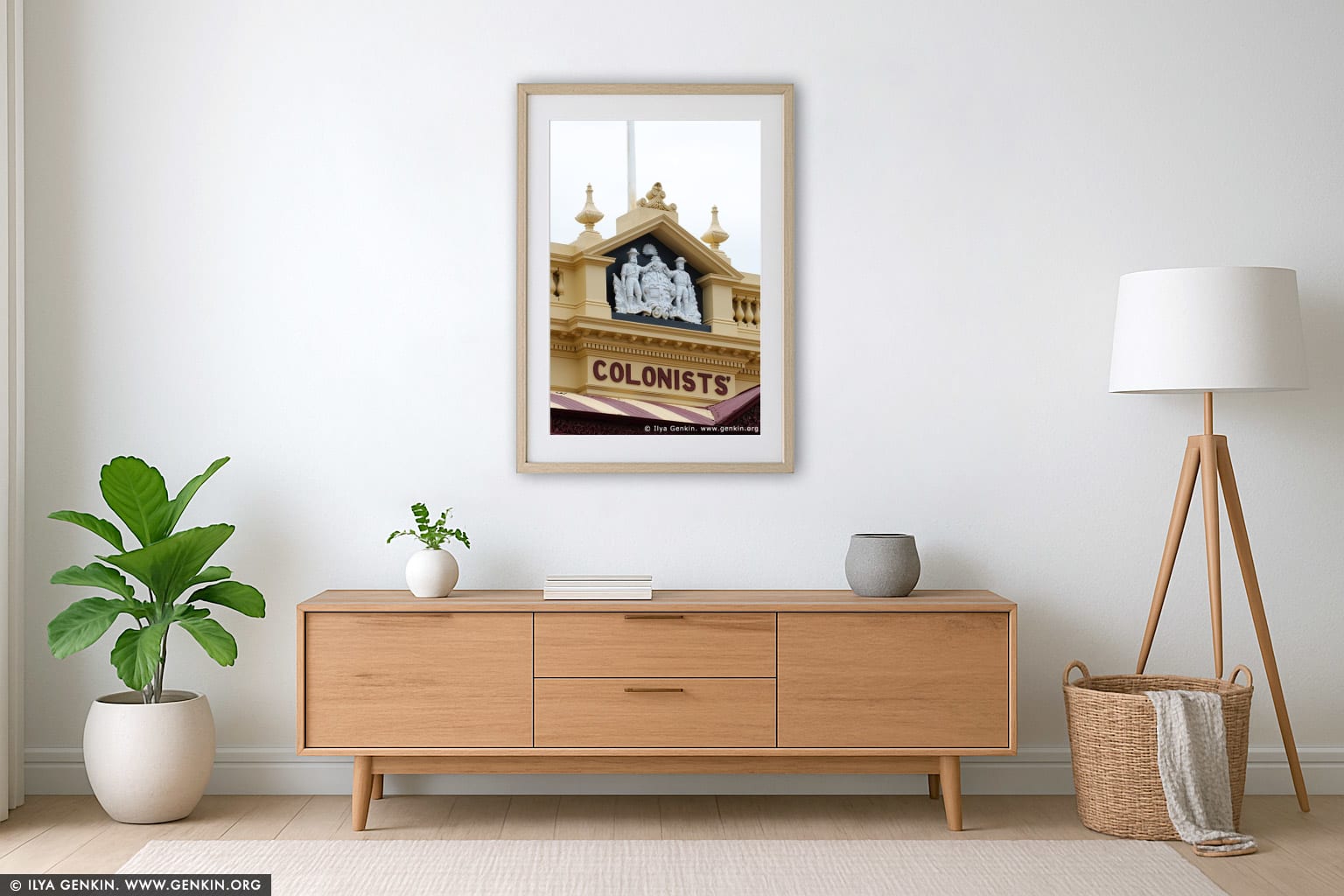 The Old Colonist's Hall Architecture Details wall art in a minimalist living room interior