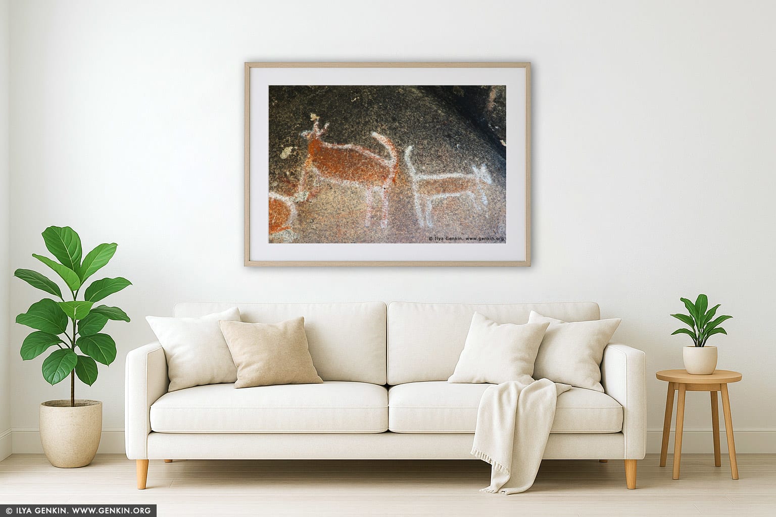 Aboriginal Rock Art Paintings at Bunjil's Shelter wall art in a minimalist living room interior