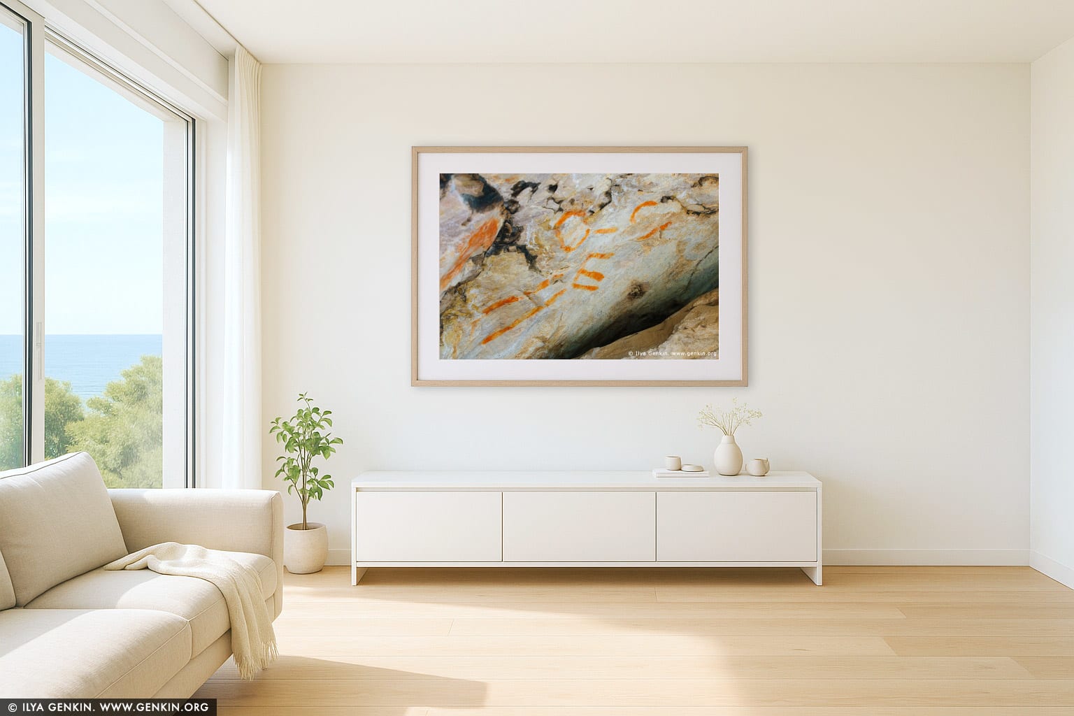 Aboriginal Rock Art Paintings at Gulgurn Manja Shelter wall art in a contemporary living room interior