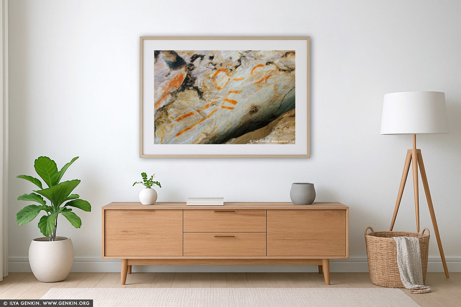 Aboriginal Rock Art Paintings at Gulgurn Manja Shelter wall art in a minimalist living room interior