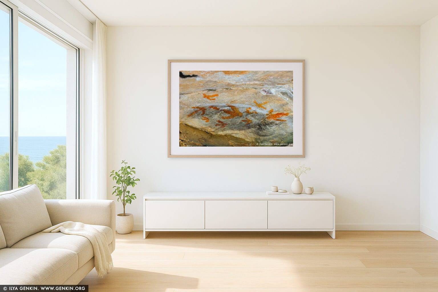 Aboriginal Rock Art Paintings at Gulgurn Manja Shelter wall art in a minimalist living room interior