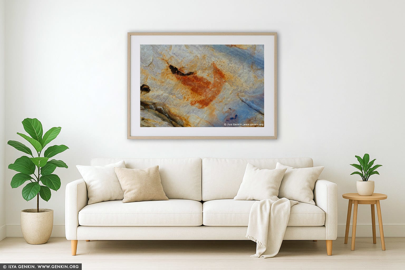 Aboriginal Rock Art Paintings at Gulgurn Manja Shelter wall art in a minimalist living room interior