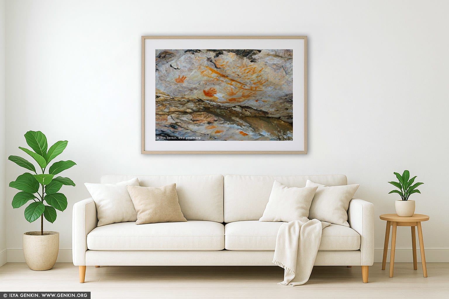 Aboriginal Rock Art Paintings at Gulgurn Manja Shelter wall art in a modern living room interior