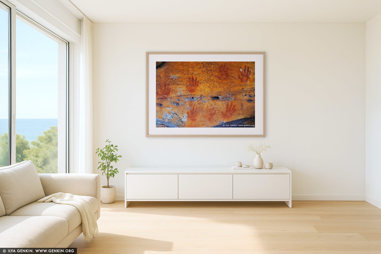 Aboriginal Rock Art Paintings at Gulgurn Manja Shelter wall art in a minimalist living room interior