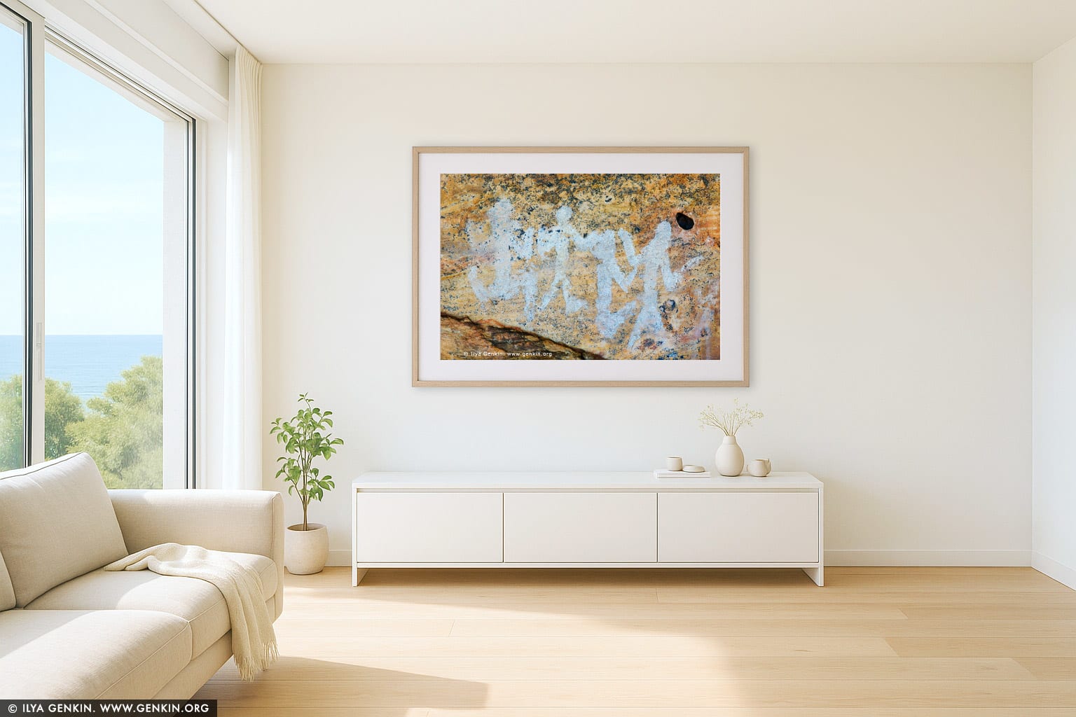 Aboriginal Rock Art Paintings at Ngamadjidj Shelter wall art in a modern living room interior