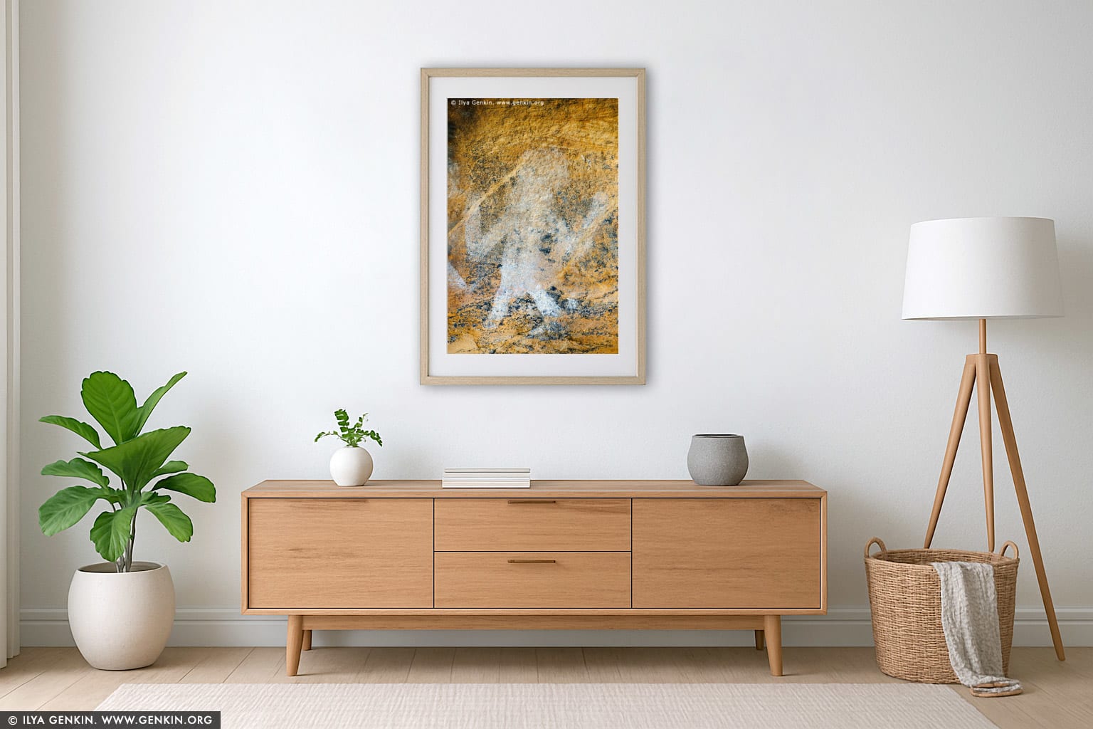 Aboriginal Rock Art Paintings at Ngamadjidj Shelter wall art in a minimalist living room interior