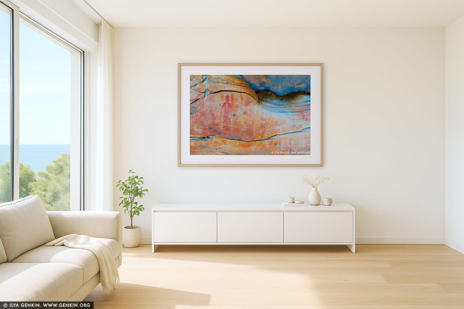 Aboriginal Rock Art Paintings at Ngamadjidj Shelter wall art in a luxury living room interior