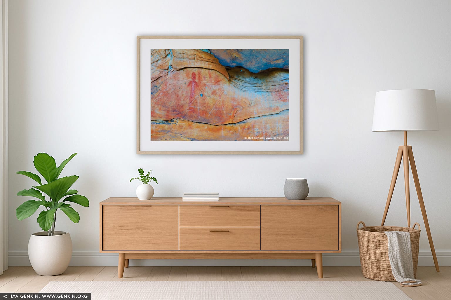 Aboriginal Rock Art Paintings at Ngamadjidj Shelter wall art in a modern living room interior