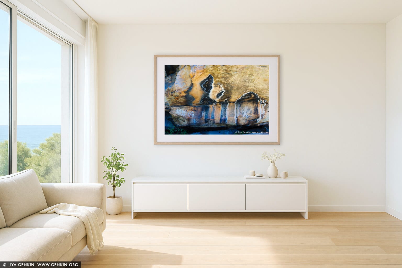 Aboriginal Rock Art Paintings at Ngamadjidj Shelter wall art in a modern living room interior