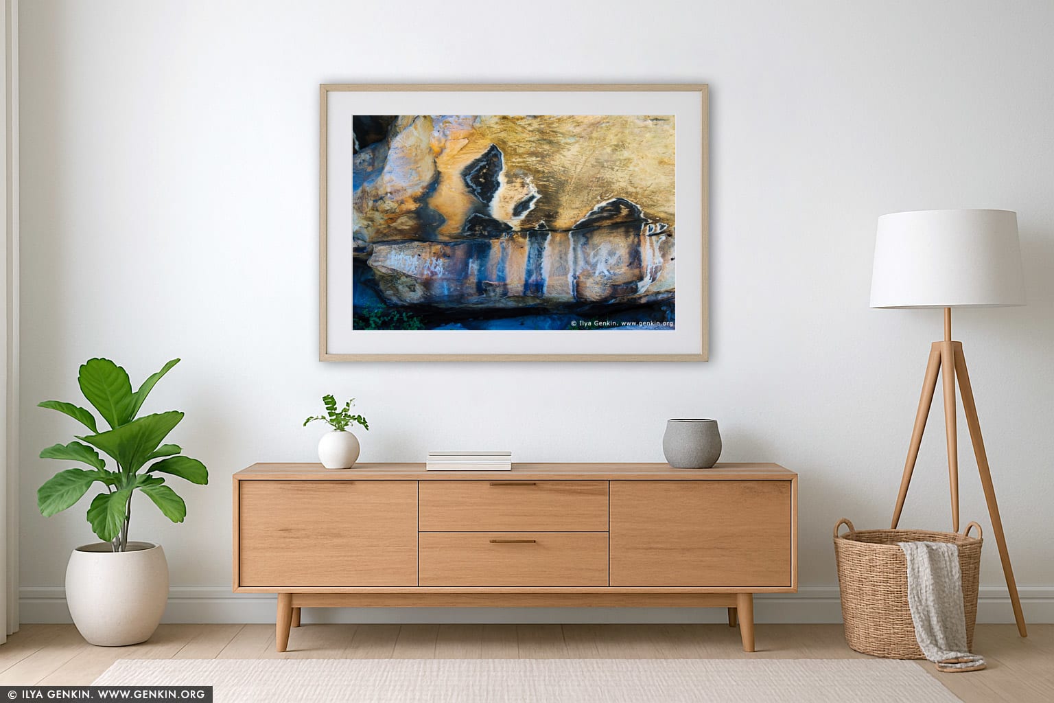 Aboriginal Rock Art Paintings at Ngamadjidj Shelter wall art in a contemporary living room interior