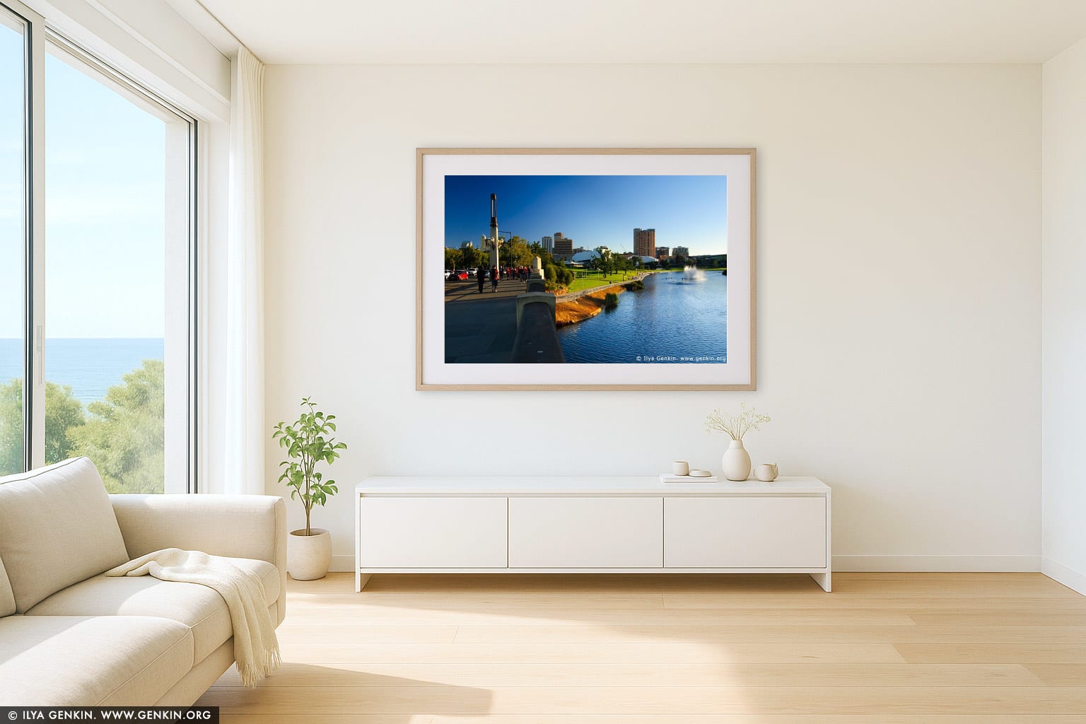Adelaide CBD from King William Bridge wall art in a contemporary living room interior