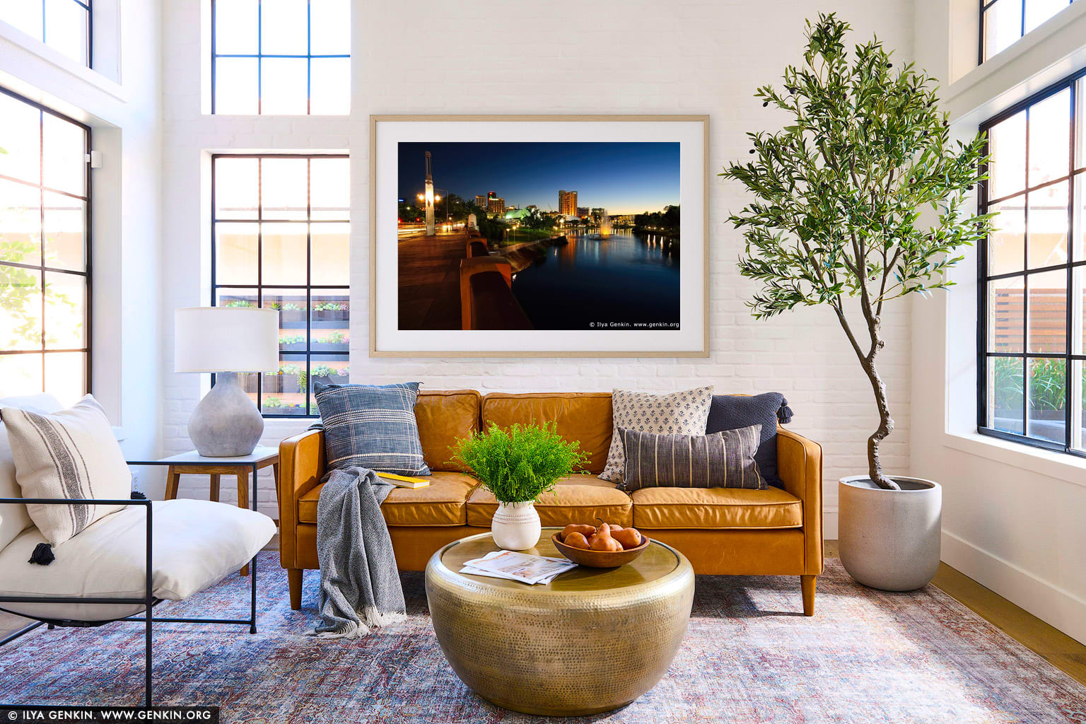 Adelaide CBD from King William Bridge at Dusk wall art in a minimalist living room interior