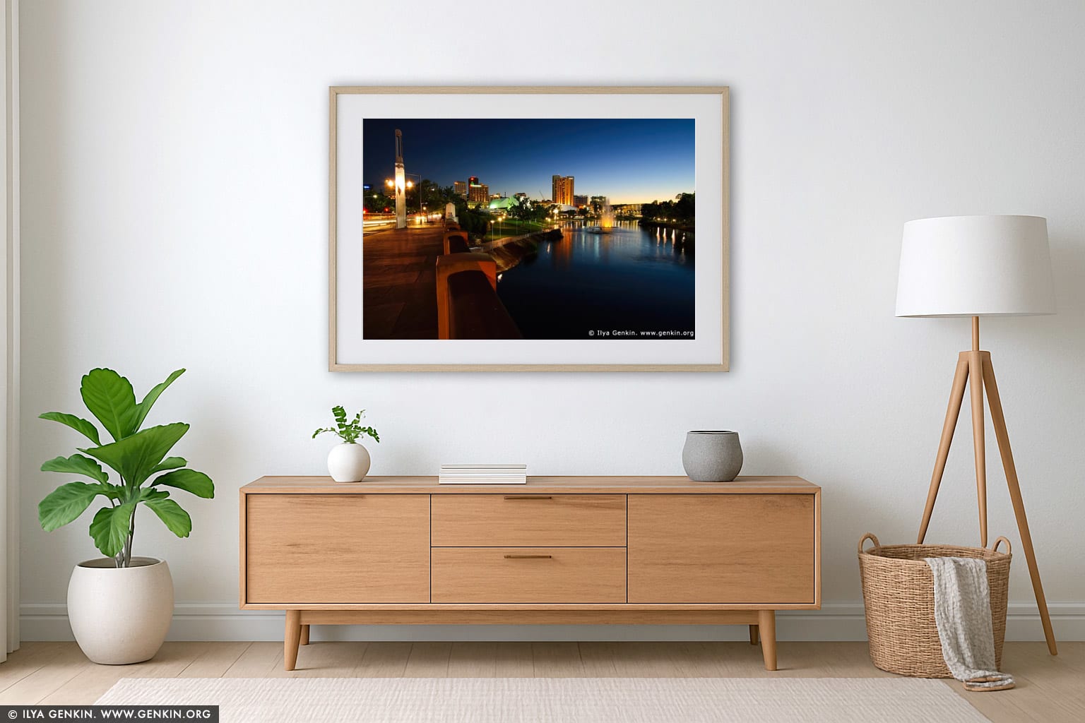 Adelaide CBD from King William Bridge at Dusk wall art in a luxury living room interior