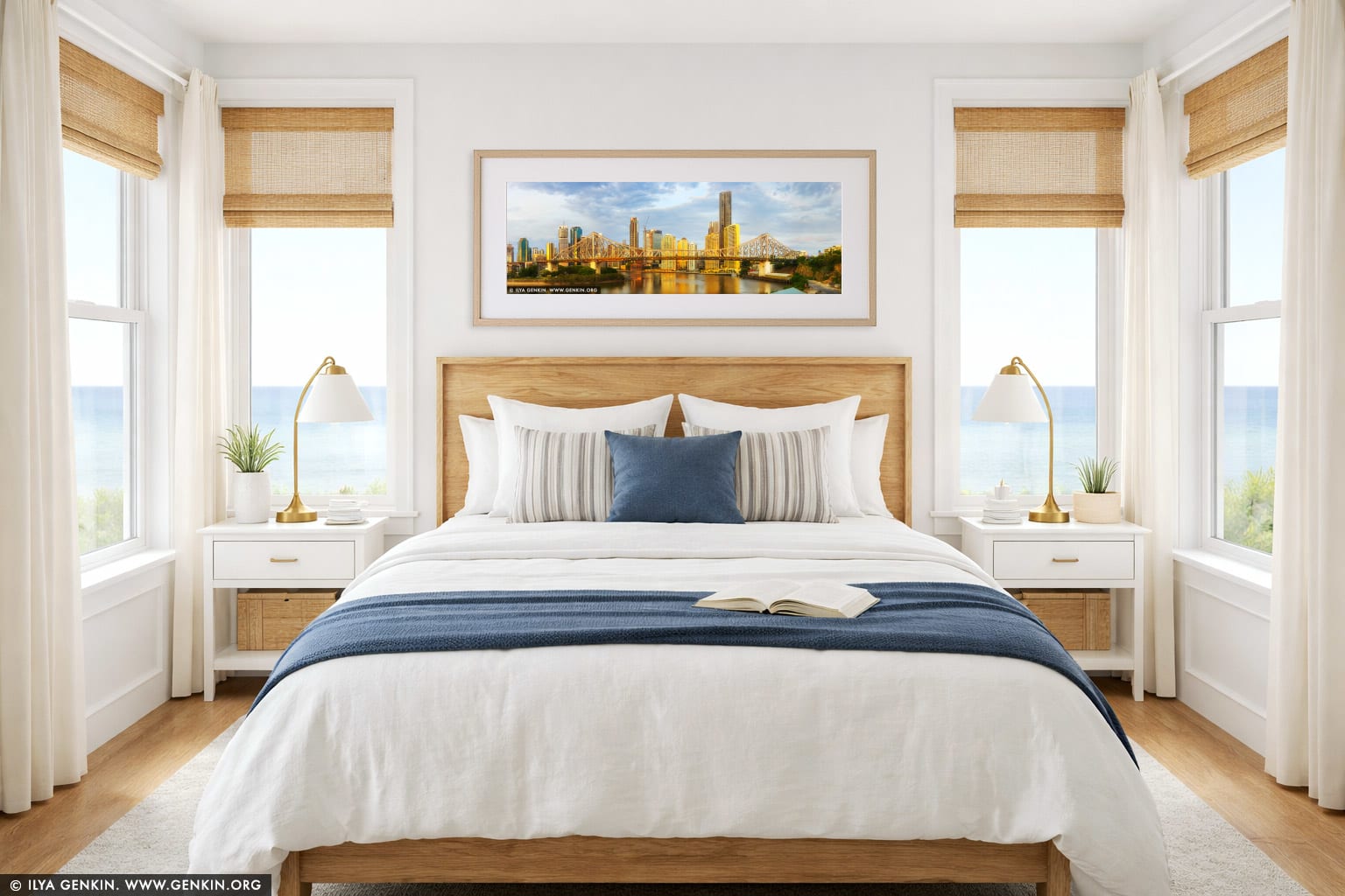 The Story Bridge and Brisbane at Sunrise wall art in a bedroom interior