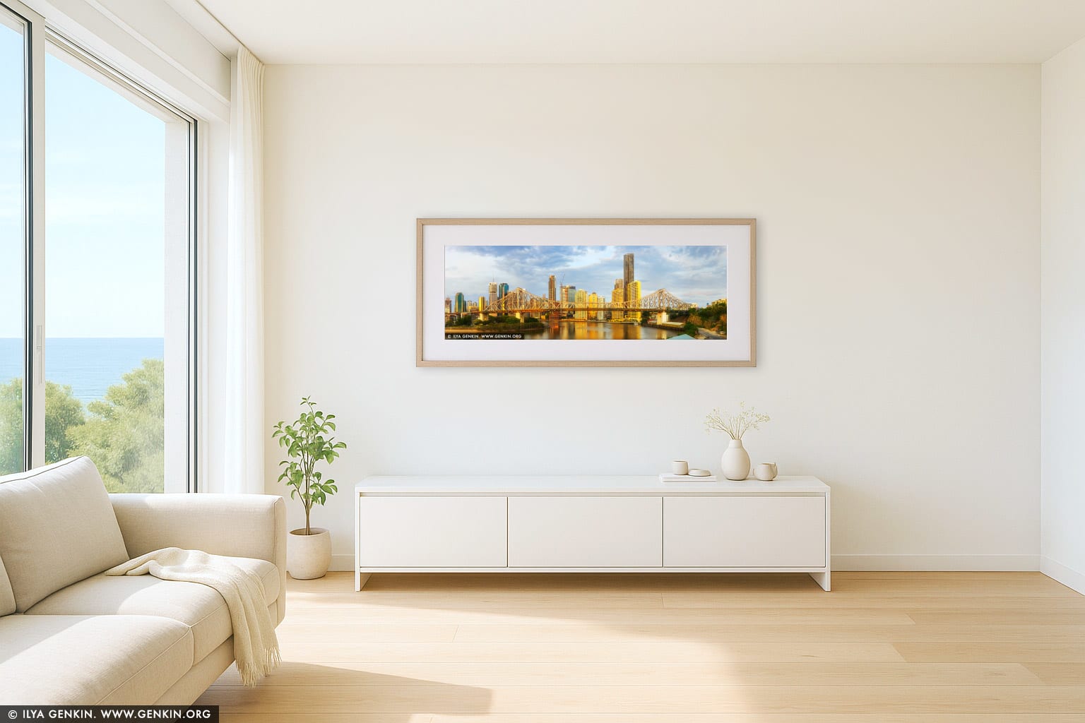The Story Bridge and Brisbane at Sunrise wall art in a modern living room interior