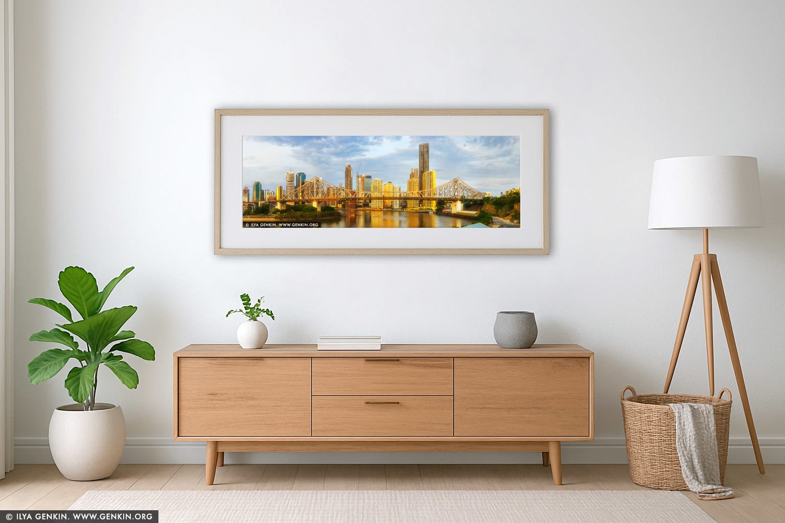 The Story Bridge and Brisbane at Sunrise wall art in a contemporary living room interior