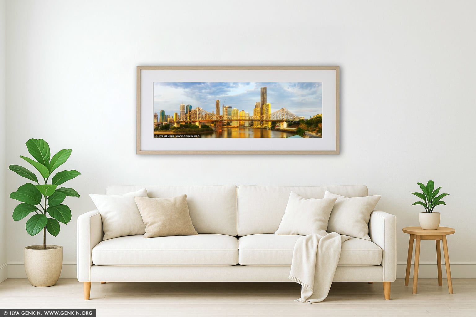 The Story Bridge and Brisbane at Sunrise wall art in a luxury living room interior