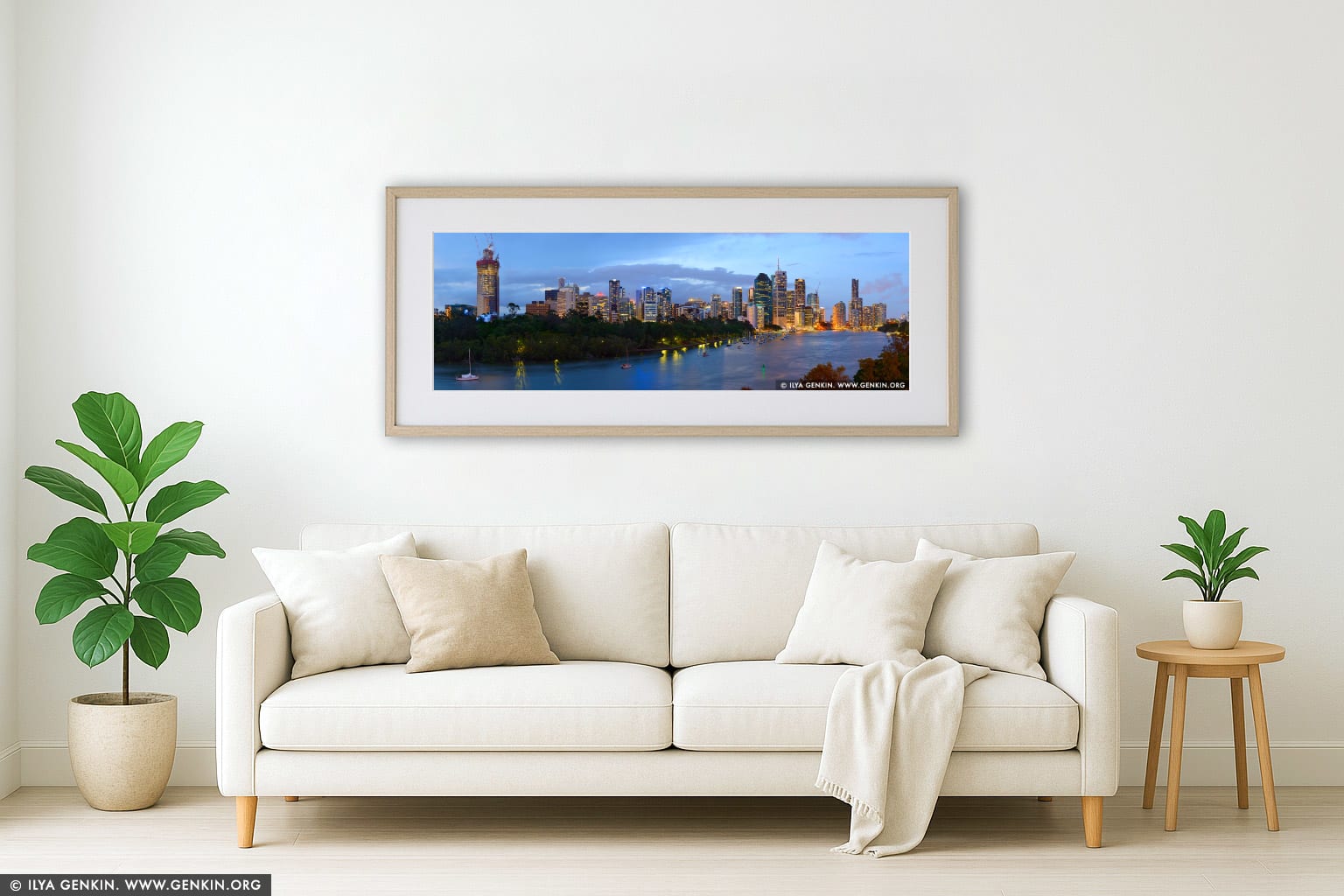 Brisbane City after Sunset wall art in a contemporary living room interior