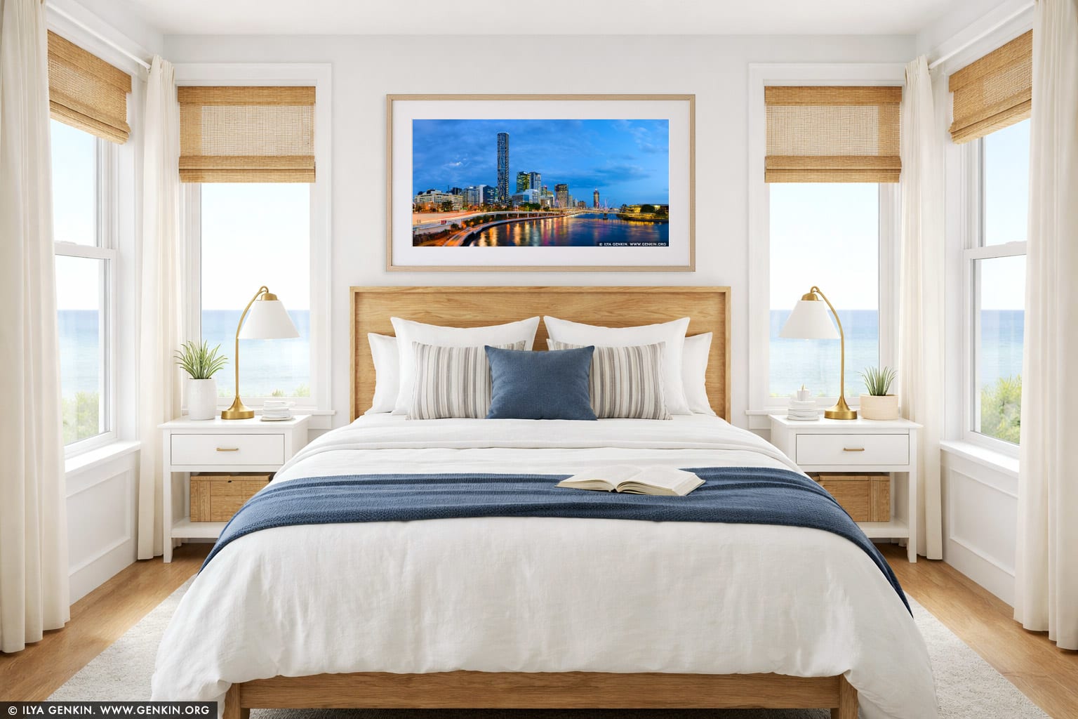 Brisbane City and Kurilpa Bridge after Sunset wall art in a bedroom interior