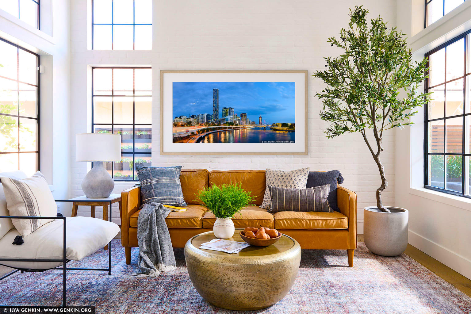 Brisbane City and Kurilpa Bridge after Sunset wall art in a luxury living room interior