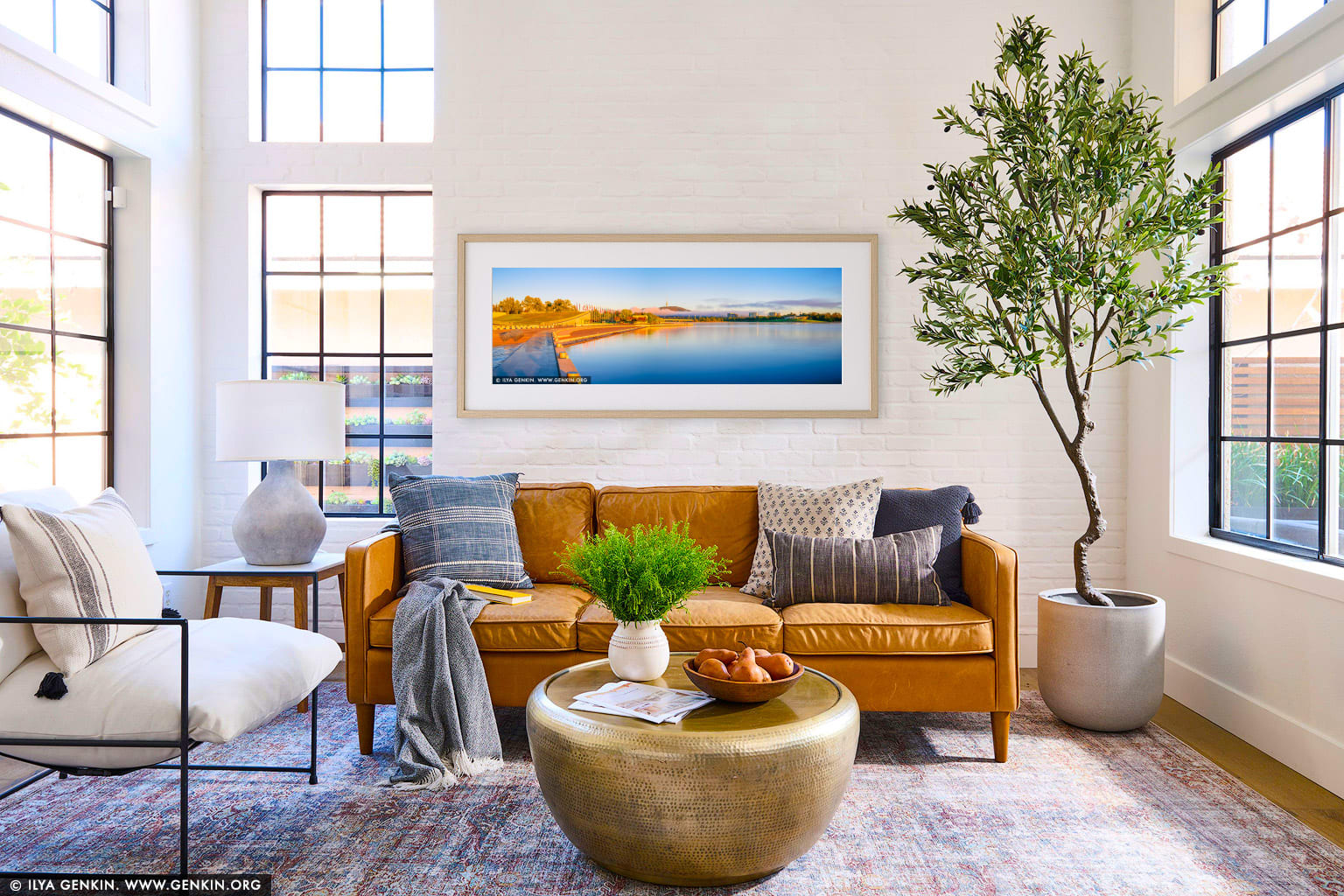 Queen Elizabeth Terrace and Lake Burley Griffin at Sunrise wall art in a modern living room interior