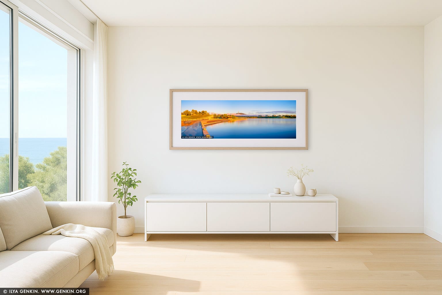 Queen Elizabeth Terrace and Lake Burley Griffin at Sunrise wall art in a modern living room interior