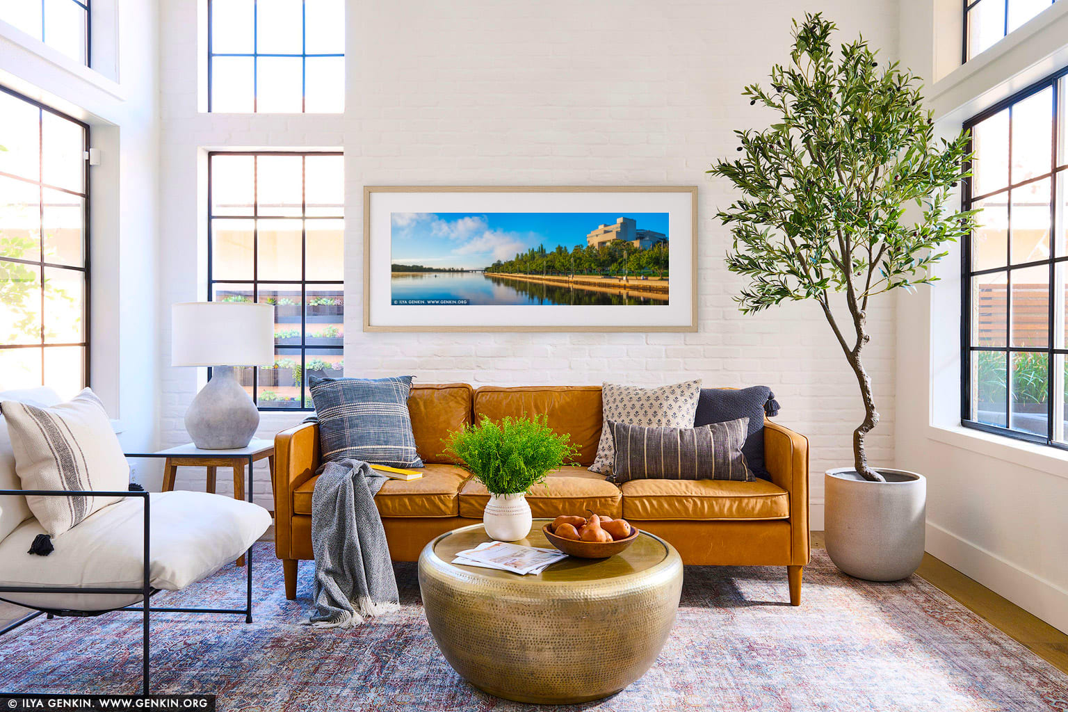 Queen Elizabeth Terrace, Lake Burley Griffin and High Court of Australia in the Morning wall art in a contemporary living room interior