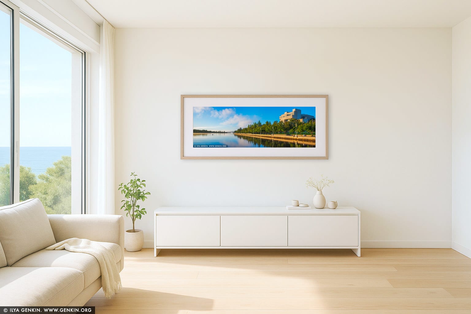 Queen Elizabeth Terrace, Lake Burley Griffin and High Court of Australia in the Morning wall art in a contemporary living room interior