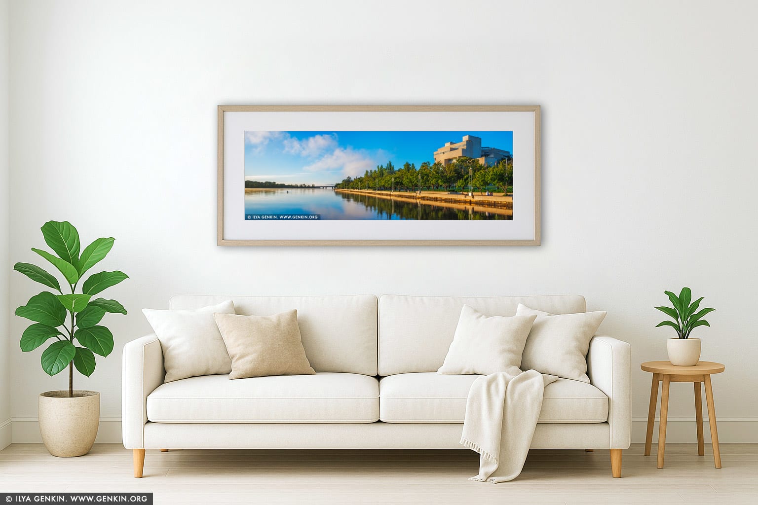 Queen Elizabeth Terrace, Lake Burley Griffin and High Court of Australia in the Morning wall art in a modern living room interior