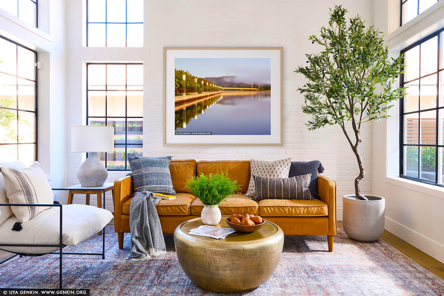 Lake Burley Griffin with Commonwealth Avenue Bridge and Telstra Tower wall art in a minimalist living room interior