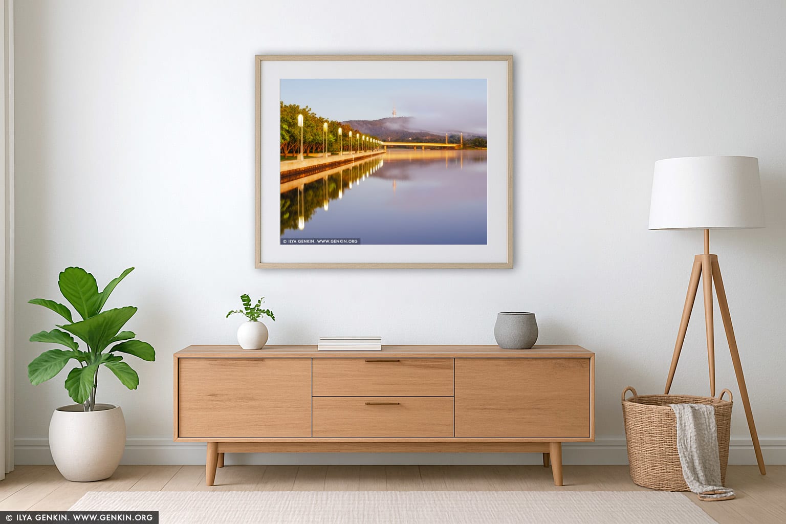 Lake Burley Griffin with Commonwealth Avenue Bridge and Telstra Tower wall art in a luxury living room interior