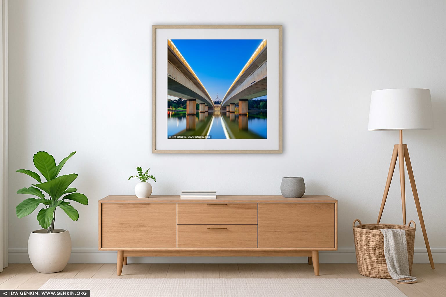 Commonwealth Bridge at Dawn wall art in a contemporary living room interior