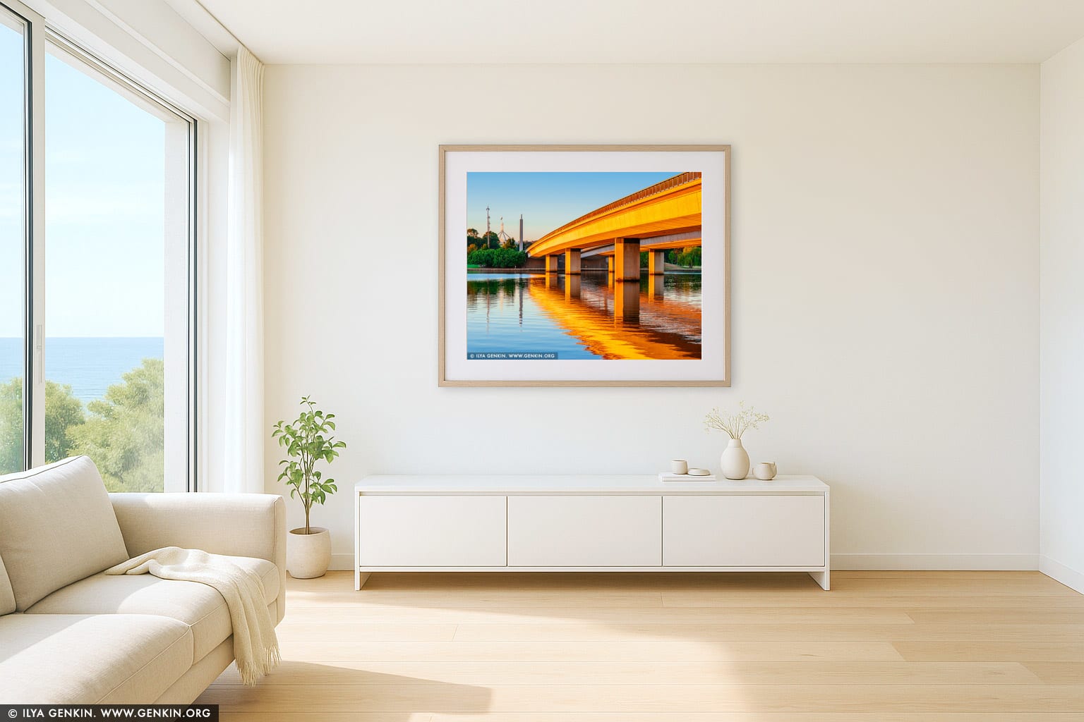 Commonwealth Bridge at Sunrise wall art in a contemporary living room interior