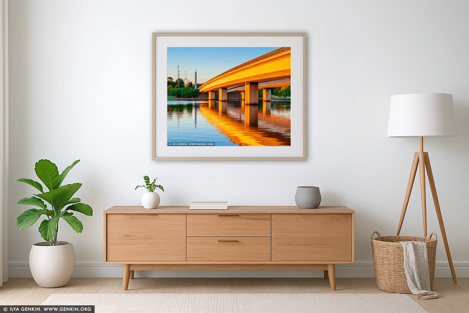 Commonwealth Bridge at Sunrise wall art in a minimalist living room interior