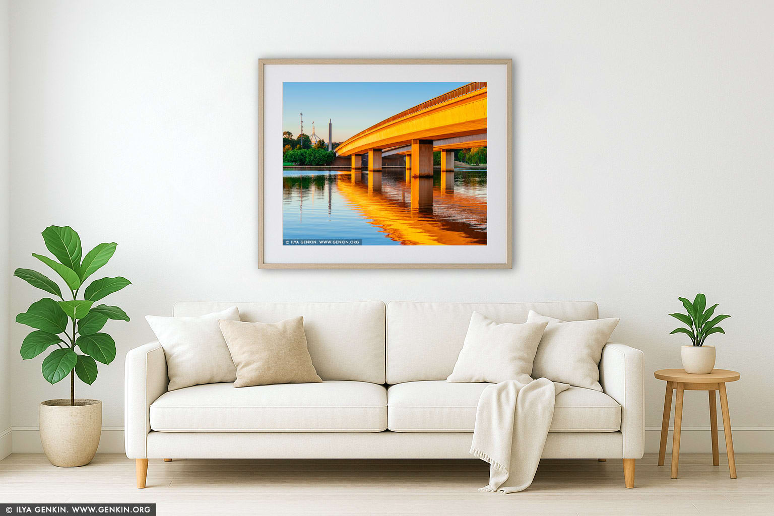 Commonwealth Bridge at Sunrise wall art in a modern living room interior