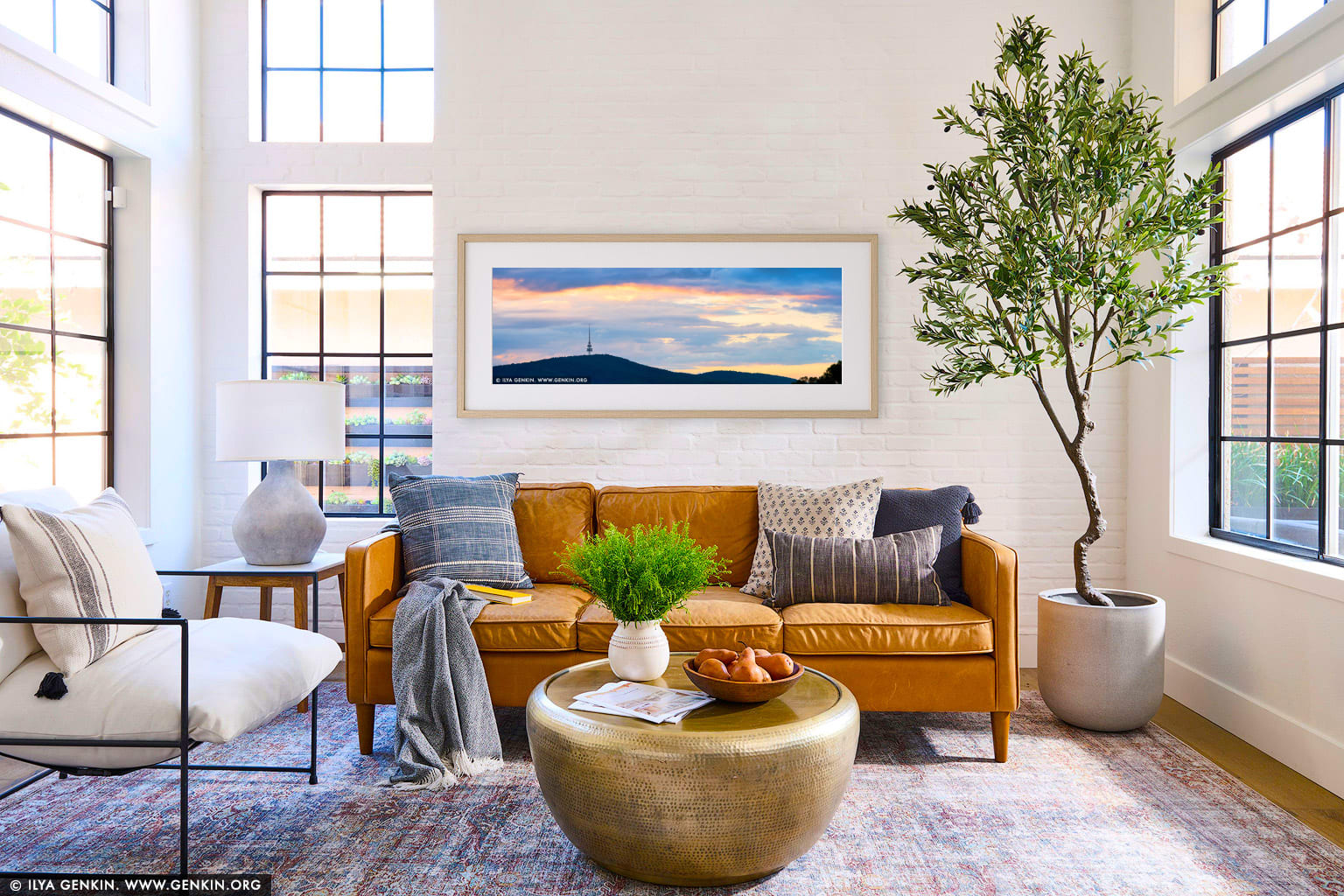 Black Mountain and Telstra Tower at Sunset wall art in a minimalist living room interior