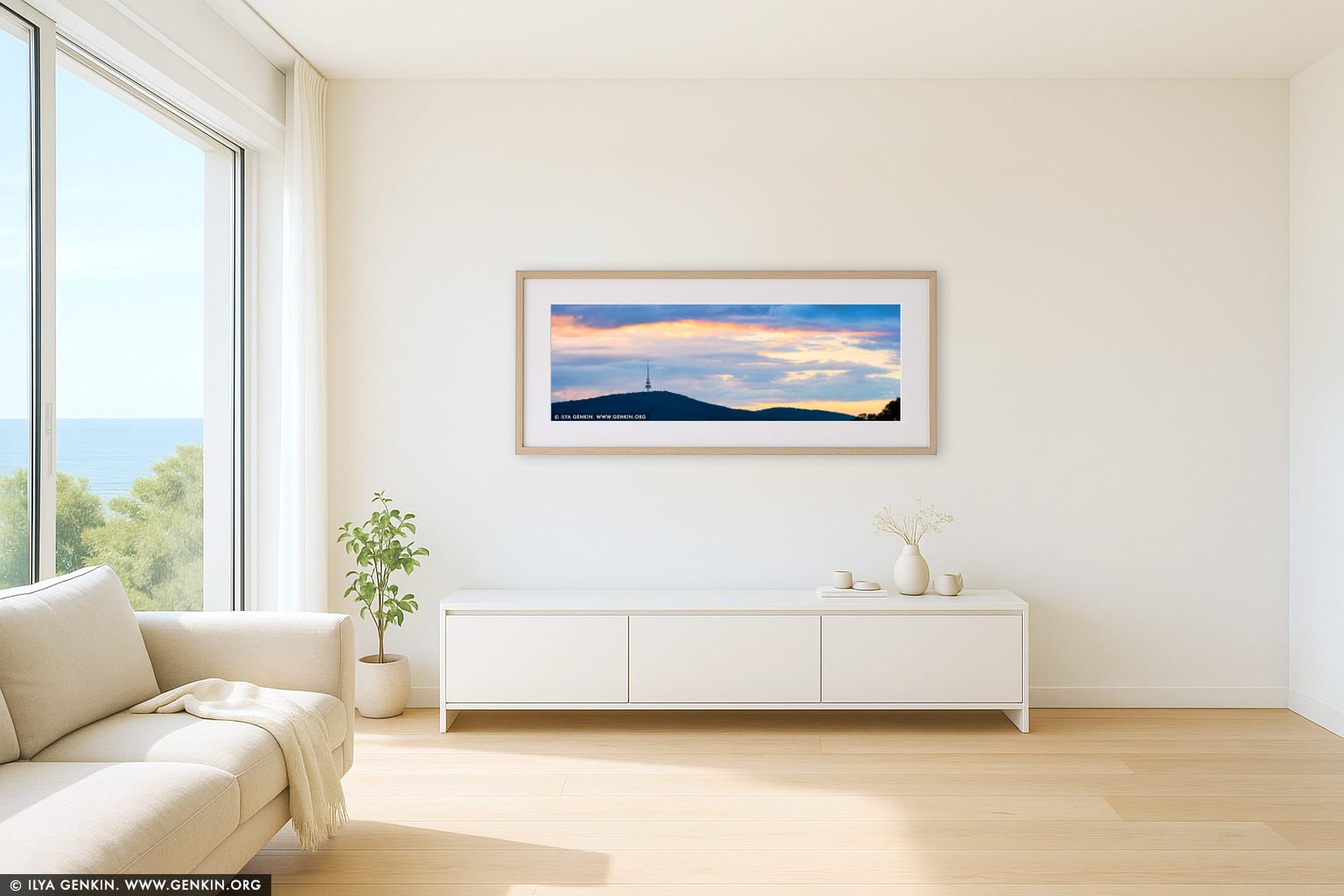Black Mountain and Telstra Tower at Sunset wall art in a minimalist living room interior
